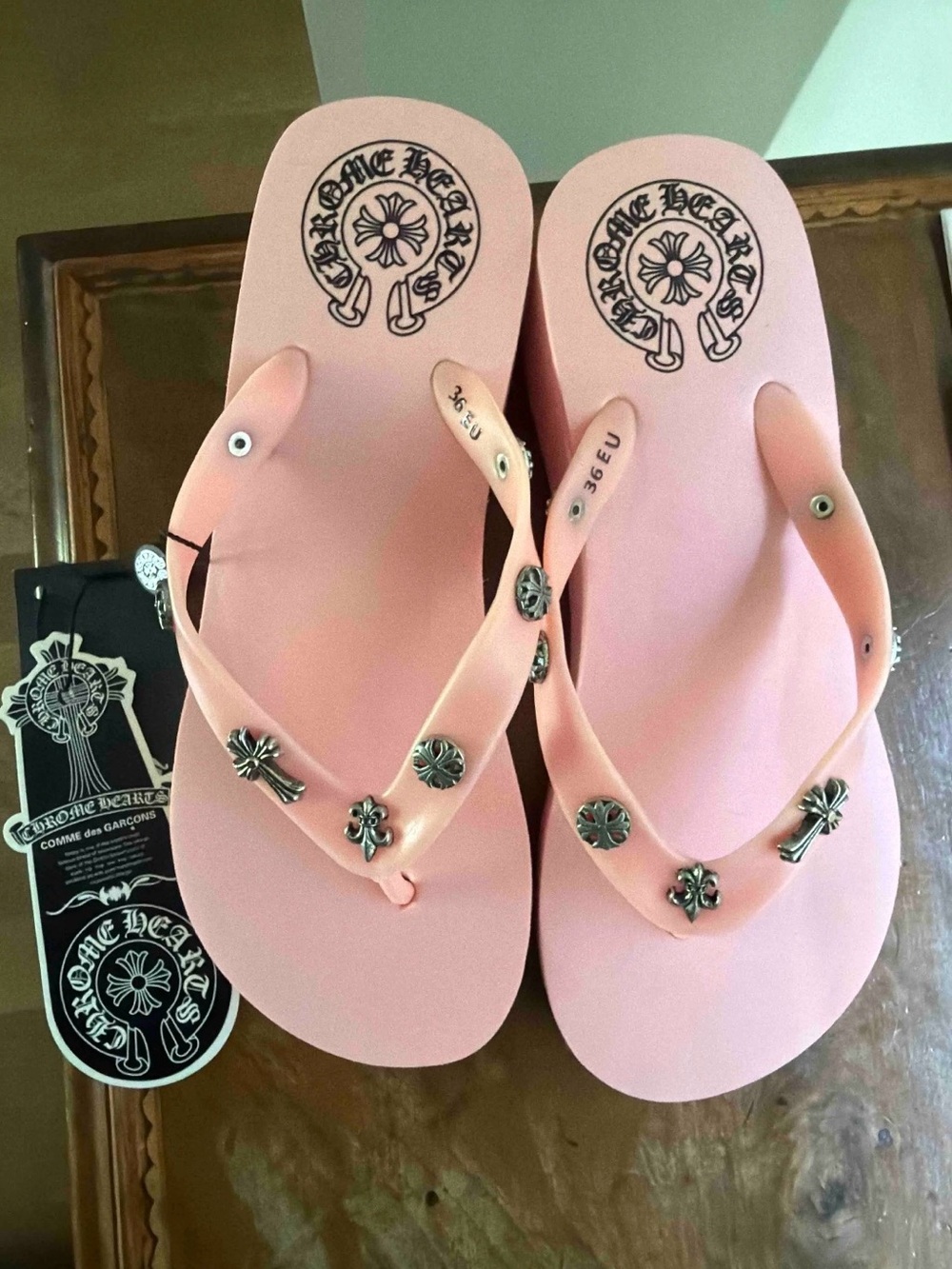 Comme des Garcons Pink Flip Flop Sandals with Silver-Tone Cross Studs